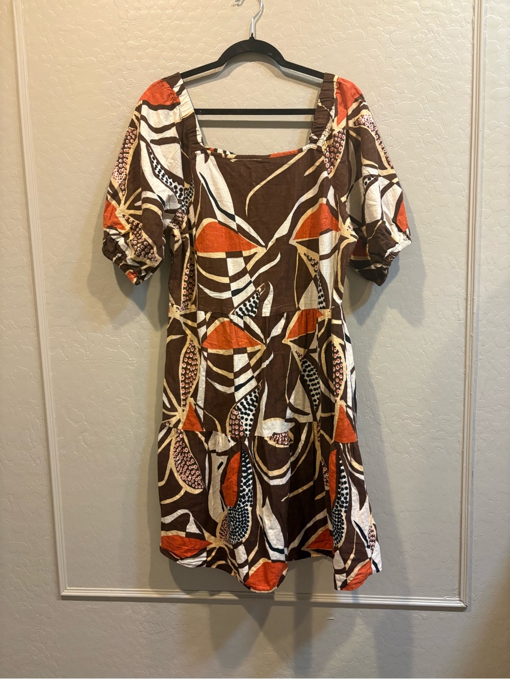 Mlle Gabrielle Brown & Orange Abstract Square-Neck Puff Sleeve Dress